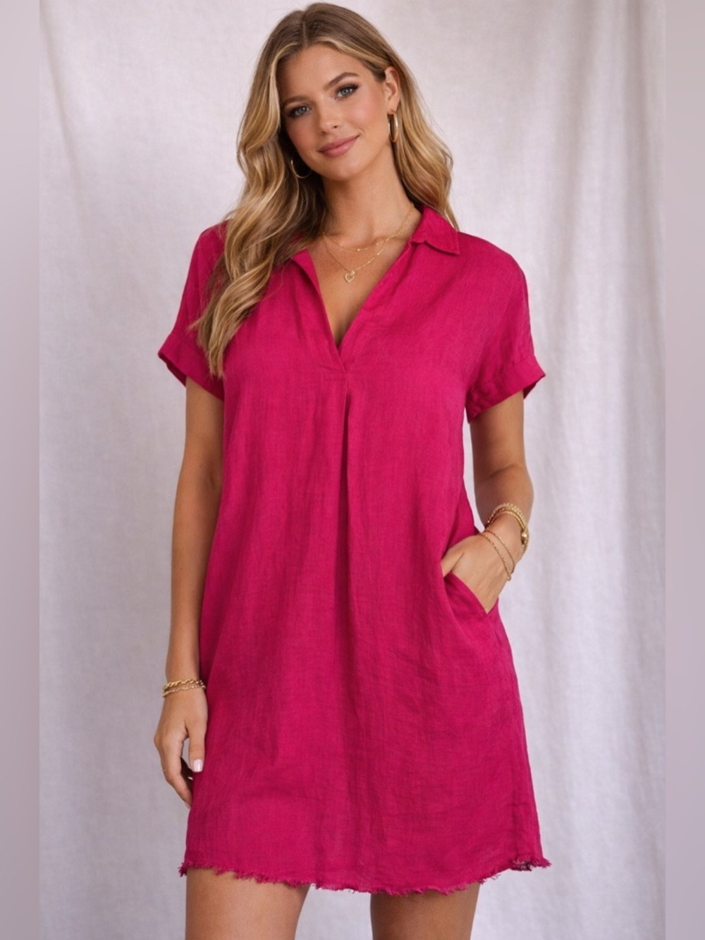 Big Water Blue Sky Linen Blend Dress Small Hot Pink Shift Mini Casual